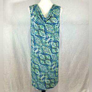 Kim Rogers blue and lime green cowl neck abstract print shift dress size large
